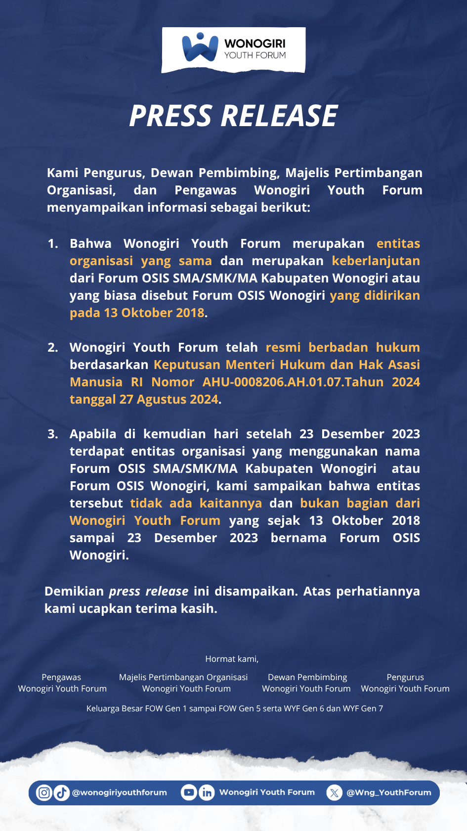 PRESS RELEASE PENGGUNAAN NAMA DAN LOGO YANG TIDAK TERKAIT WONOGIRI YOUTH FORUM