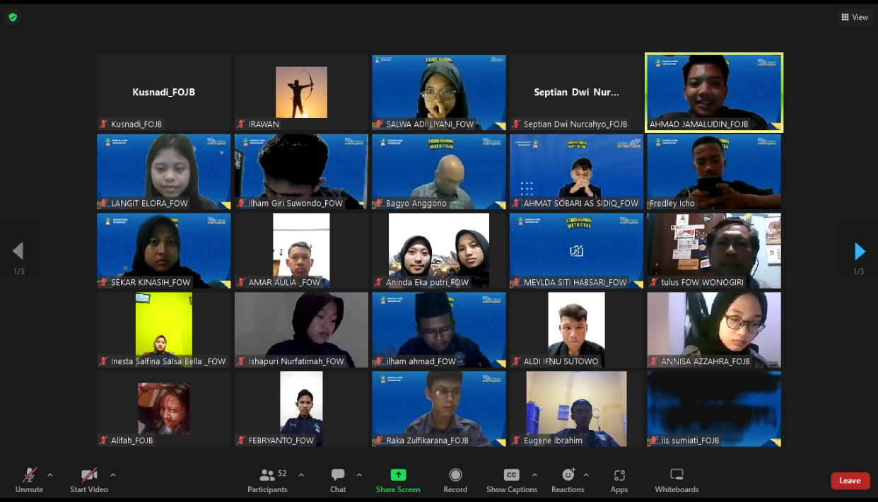 Studi Banding Wonogiri Youth Forum dengan FOJB Forum OSIS Jawa Barat via Zoom 26 Februari 2023 dalam Rangka Sharing Program Kerja, Pengalaman Organisasi, dan Penguatan Relasi Antar Organisasi Kepemudaan